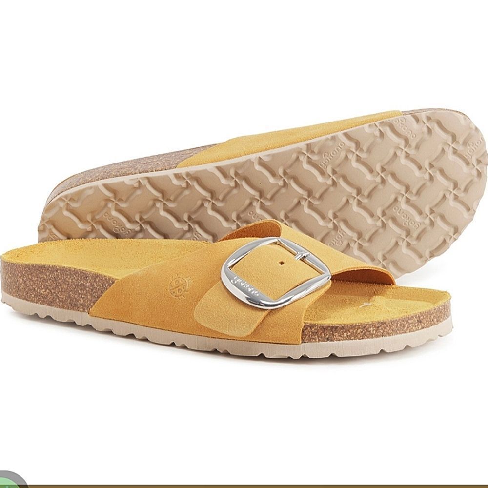 Yokono New Mustard Yellow Suede Big Buckle Slip On Ergonomic Sandals size 40